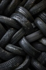 A pile of old tires stacked on top of each other. The tires are black and worn, and they are piled in a way that creates a sense of depth and texture. The image conveys a feeling of decay
