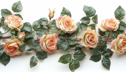 A single rose bush, blooming roses, pastel colors, isolated on white background