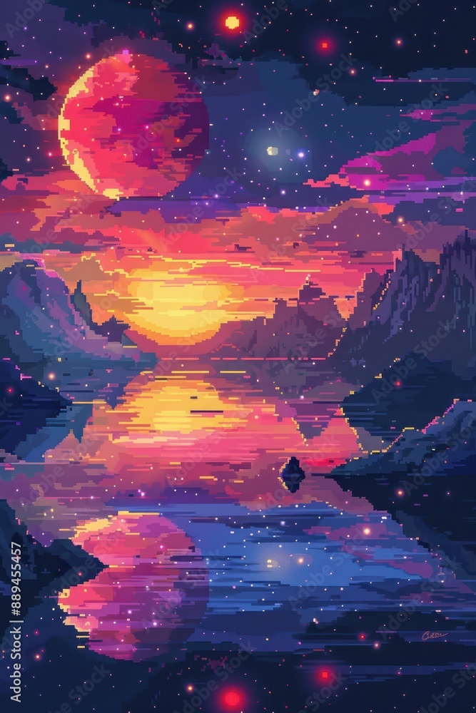 Canvas Prints a colorful painting of a sunset with a large red planet in the background. the sky is filled with st