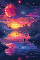Obraz premium A colorful painting of a sunset with a large red planet in the background. The sky is filled with stars and the water is calm