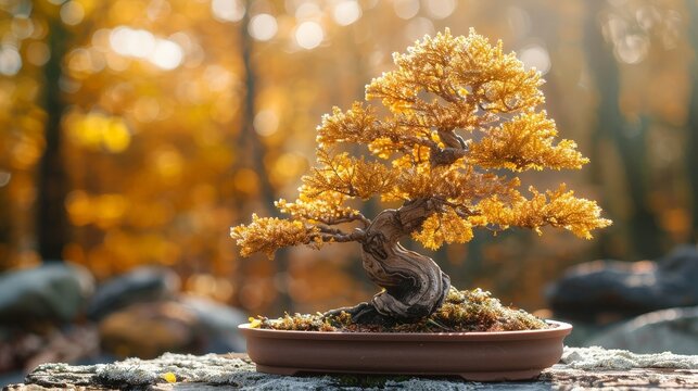 Vibrant oak bonsai tree with golden autumn leaves in a sunlit forest