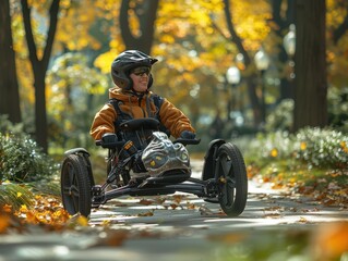 Embracing Ability: Person with Cerebral Palsy Riding Adaptive Bicycle in Park with Joyful Expression and Detailed Equipment