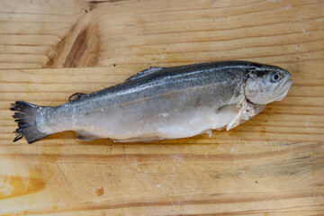 Carving big raw fresh trout on the old wooden cutting board. Cooking whole freshwater rainbow forel. Oncorhynchus mykiss on the chopping plate. Wood background. Close up. Copy space. Macro. Top view