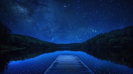 A serene lake in Maine under a star-filled sky, with a dock extending into the water. The tranquil night scene captures the beauty of nature and the cosmos.
