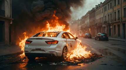 Car on fire. Car burning with flames and smoke on city street. Concept of fire hazard from electric vehicles, arson, vandalism