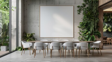 Minimalist dining room featuring a blank canvas on the wall, inviting customization and creativity in a serene, modern space.