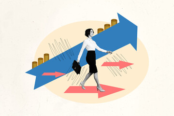 Creative collage picture young business lady walk golden coins startup growth improvement...