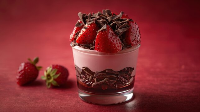 Mouthwatering strawberry dessert topped with chocolate, set against a rich red background, evoking a sense of indulgence and sweetness.