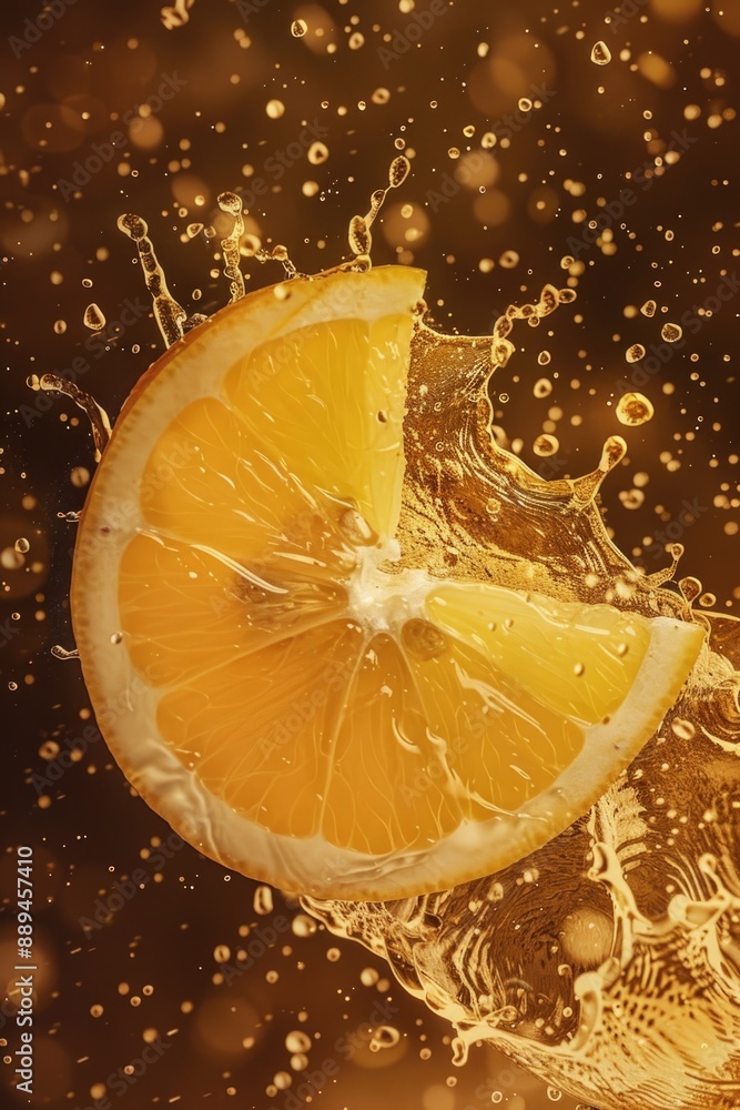 Poster a slice of orange being dropped into a glass of water, creating ripples and splashing
