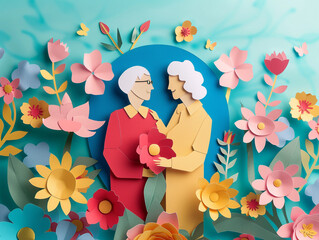 An elderly couple who love each other surrounded by nature and beautiful flowers. Paper cut concept.