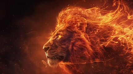 Fierce lion depicted with fiery intensity, its mane ablaze and exuding raw power and majesty.