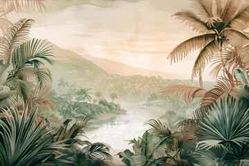 Old drawing vintage jungle and leaves tropical forest birds wallpaper