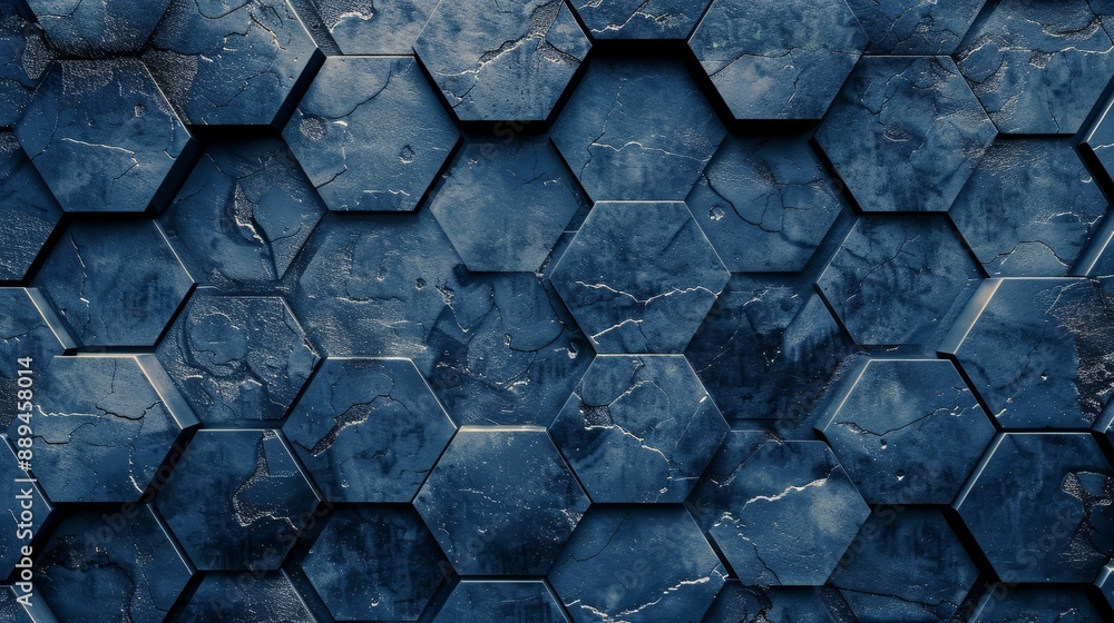 Poster 3d tiles arranged to create a blue patina wall. hexagonally shaped blocks form the background. 3d re