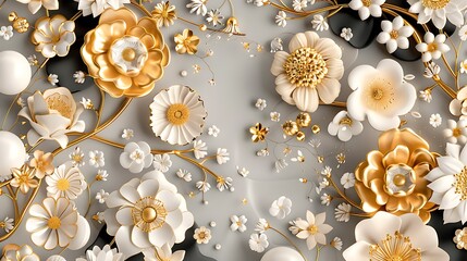 Elegant Grayscale and Gold Floral Pattern with 3D Flowers