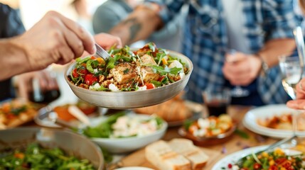 Friends at a dinner party share a generous mixed salad from a large bowl, demonstrating communal dining and the joy of sharing fresh, healthy food with loved ones.