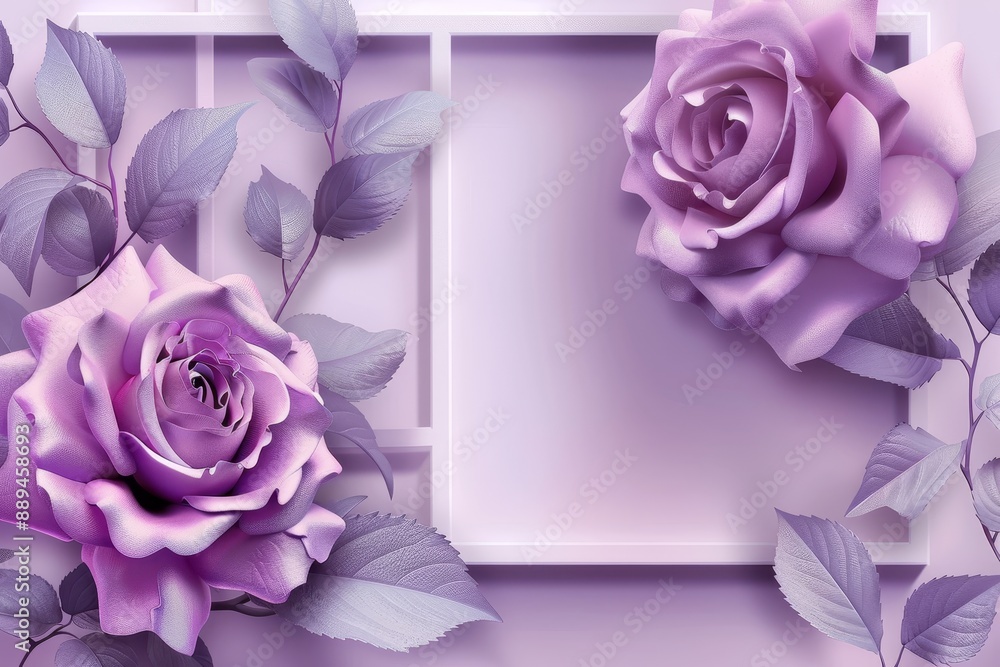 Wall mural animated 3d mural, purple roses in the center surrounded by squares and modern art for home decor.