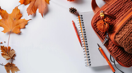 Back to school supplies with books, backpack and autumn leaves on white background