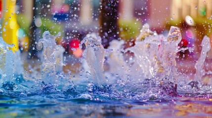 Colorful stream of water in a public fountain, using the architecture and details of the background. generative ai