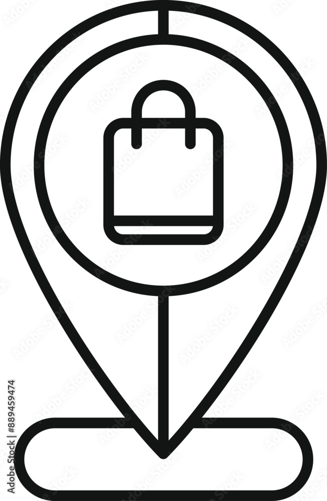 Poster line art style icon of a location pin pointing a shopping bag, representing a retail store on a map