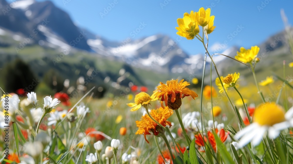 Poster a vibrant array of colorful wildflowers in an alpine meadow with snowy peaks in the backdrop. the im