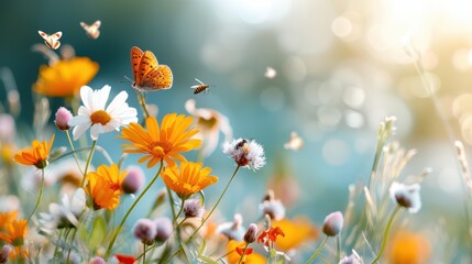Fototapeta premium This image captures a garden filled with bright orange and white flowers, animated by the presence of butterflies and bees, reflecting summer's liveliness and natural beauty.