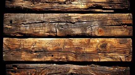 Close-up of four weathered, brown wooden boards with visible grain and knots