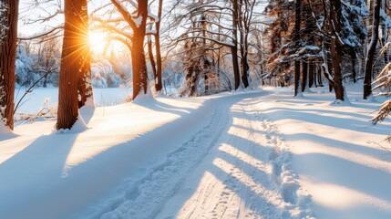 A picturesque snow-covered path meanders through a dense forest, bathed in the golden glow of early morning sunlight, casting long shadows on the pristine snow.