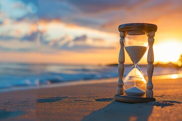 A wooden hourglass sits on a sandy beach, the sun setting in the distance behind it