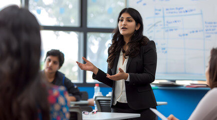 an mature Indian woman teaching students at the university, dressed smartly and confidently wearing black business attire while presenting on whiteboards to other people seated around them during clas