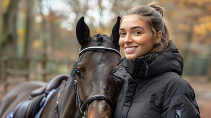 Fototapeta premium A young woman with blonde hair smiles at the camera as she stands next to a brown horse in a wooded area, with autumn leaves in the background