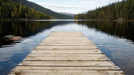A wooden dock extends into a calm lake surrounded by mountains and trees