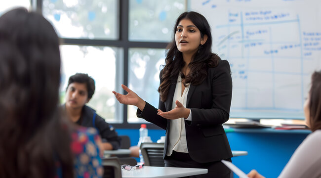 an mature Indian woman teaching students at the university, dressed smartly and confidently wearing black business attire while presenting on whiteboards to other people seated around them during clas