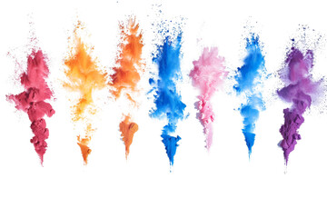 Obraz premium Brightly colored powder explosions, frozen in a set, isolated on a white background, celebrating with moving colors