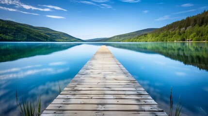 Naklejka premium A wooden dock extends into a tranquil mountain lake, with lush green hills lining the shoreline and a clear blue sky above