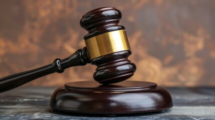 A wooden gavel sits on a wooden table next to a small house. The gavel is made of wood and has a gold-colored handle. The scene suggests a courtroom setting