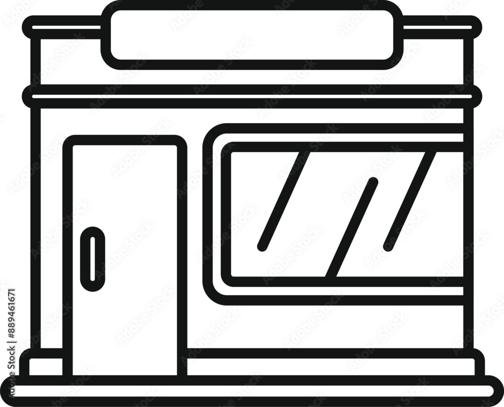 Poster simple line drawing of a small shop building facade with an empty signboard