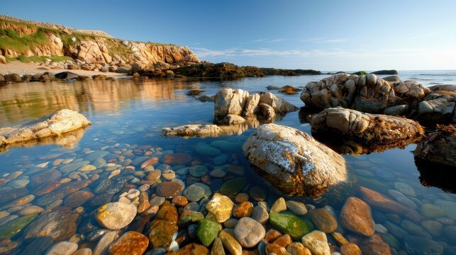 A rocky shore with clear, shallow water revealing round stones underneath. The stillness of the water and the variety of colors in the stones create a calming effect. - Powered by Adobe