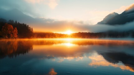 Obraz premium Sunrise illuminating a picturesque misty lake surrounded by mountains. The tranquil water reflects the golden light, creating a mesmerizing scene of calm and beauty.