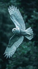 Fototapeta premium Through the misty forest, a ghostly owl is in flight.