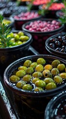 Close-up of marinated green and black olives displayed in buckets at a local market, showcasing various preserved vegetables and Mediterranean cuisine ingredients.
