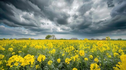 Yellow Flowers in Rapeseed Field Under Cloudy Sky