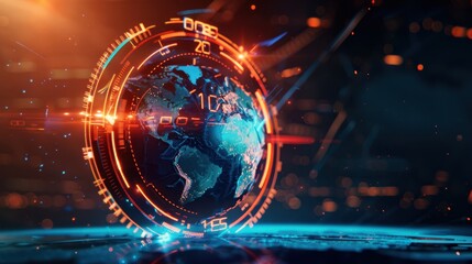 Futuristic digital representation of Earth with a glowing orange holographic overlay, showcasing advanced technology and interconnected networks.