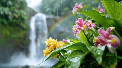 A picture-perfect scene featuring colorful blooms in vibrant hues set against the backdrop of a powerful waterfall with a hint of a rainbow in the distance.