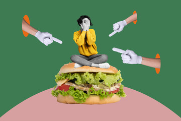 Creative photo collage image young girl sit burger sandwich nutrition meal hands showing pointing...