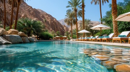 Fototapeta premium A breathtaking desert oasis pool, featuring clear waters and surrounded by rugged mountains and verdant palm trees, providing a refreshing sanctuary under the blue sky.