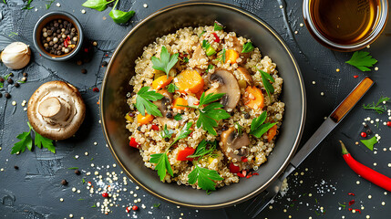 Top view quinoa with veggies and mushrooms in a bowl simple professional photography