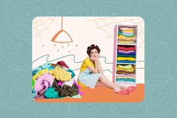 Creative picture collage young woman housewife laundry clothes pile bunch tidy cleanup apartment...