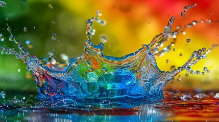 Colorful water splash with a rainbow background, highlighting the vibrant colors. generative ai