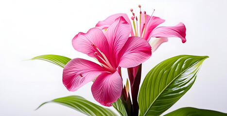 Close Up of Pink Flowers With Green Leaves on a White Background