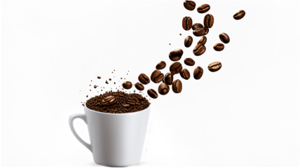 Flying coffee beans and coffee grounds scattered in the air isolated on a transparent background